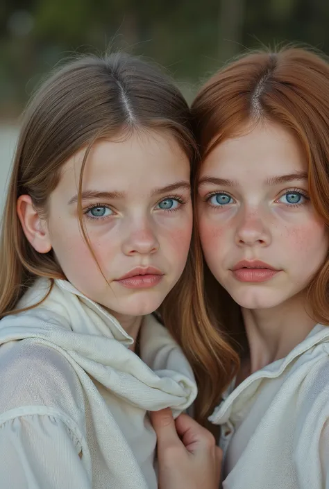 An image of beautiful young twin sisters aged 11, very young, with white skin , yeux aquamarine. That one has ashy blond hair , Another has red hair and one has light brown hair . Let the background be a sea Let it be a realistic photo..long beach dress...