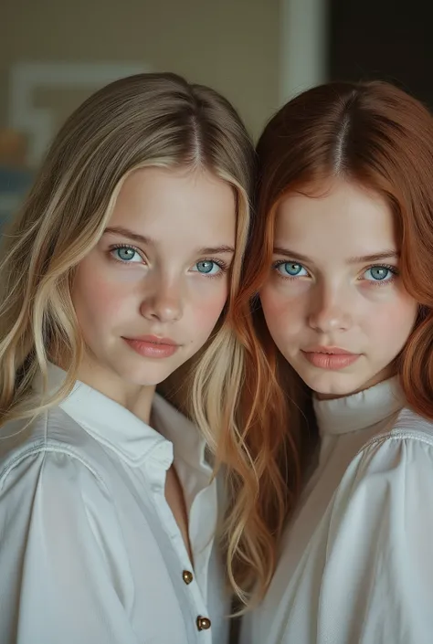An image of beautiful young twin sisters aged 11, very young, with white skin , yeux aquamarine. That one has ashy blond hair , Another has red hair and one has light brown hair . Let the background be a sea Let it be a realistic photo..long beach dress...