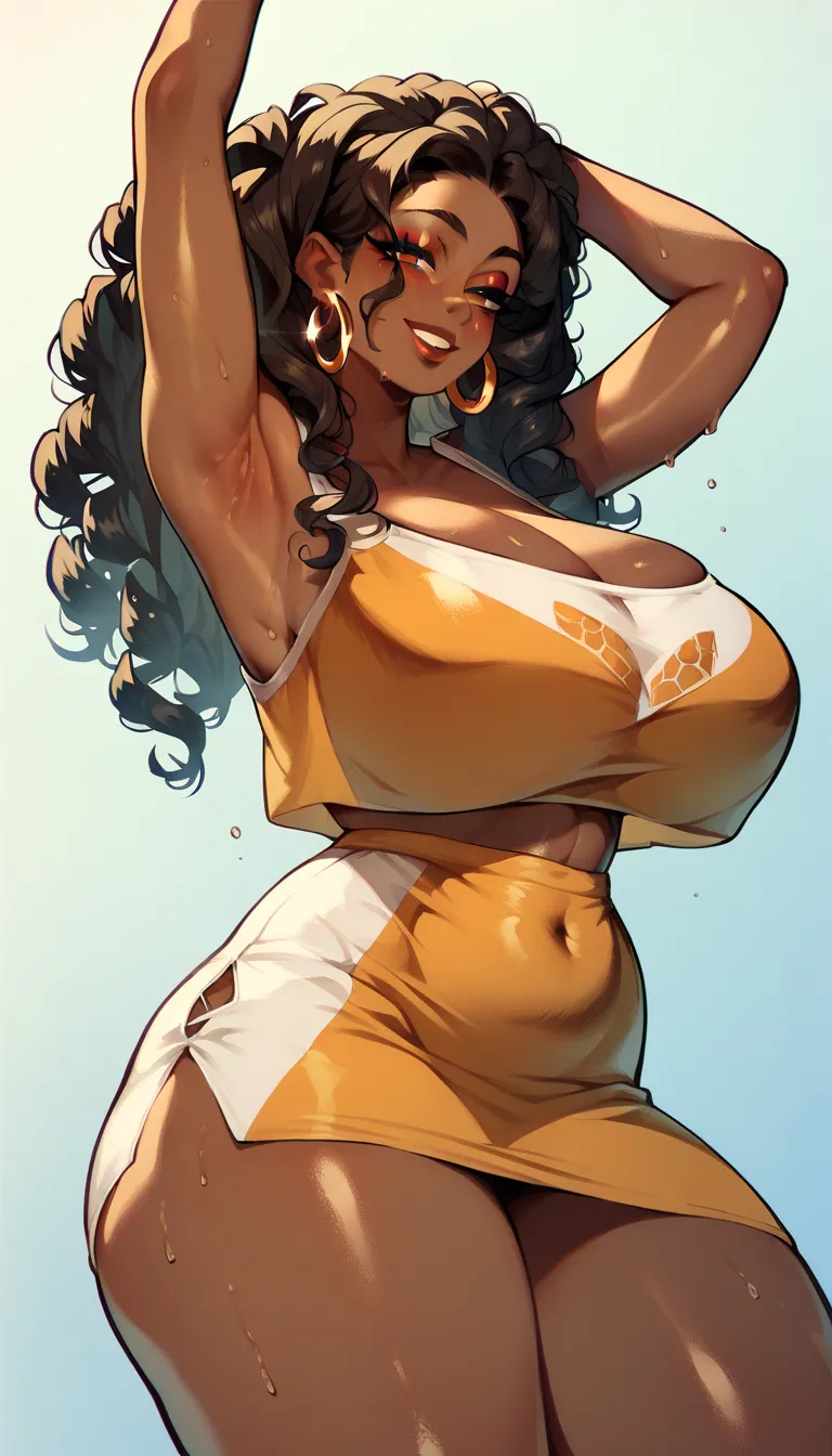 1 girl, long black curly hair, dark skin tone, solo, curvy, thick thighs, huge breasts, seductive smile, sultry eyes, golden hoop earrings, crop top dress, styled hair, dutch angle, soaked sweating, arms above head