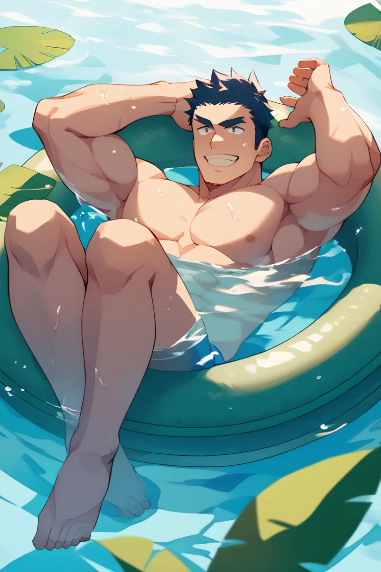  full body view、A man with short hair is wearing a swimsuit, riding a float in the pool, folding his hands behind his head, relaxing and floating、 upper body naked、Thick eyebrows、Sharp Eyes、Japanese、my muscles are bulging up、Clear, clean water、