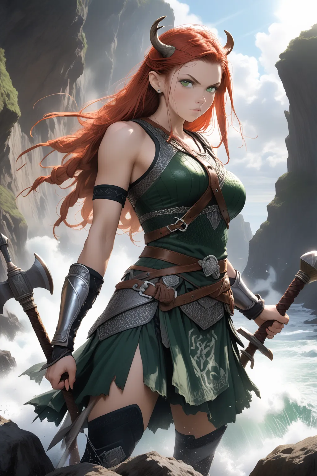 safe_pos, score_9, score_8_up, score_7_up, 1girl, solo, 
beauty Viking warrior, intricate chainmail armor with leather accents and Norse runes, ancient battle axe with a polished wooden handle and a gleaming steel blade, long braided red hair adorned with ...