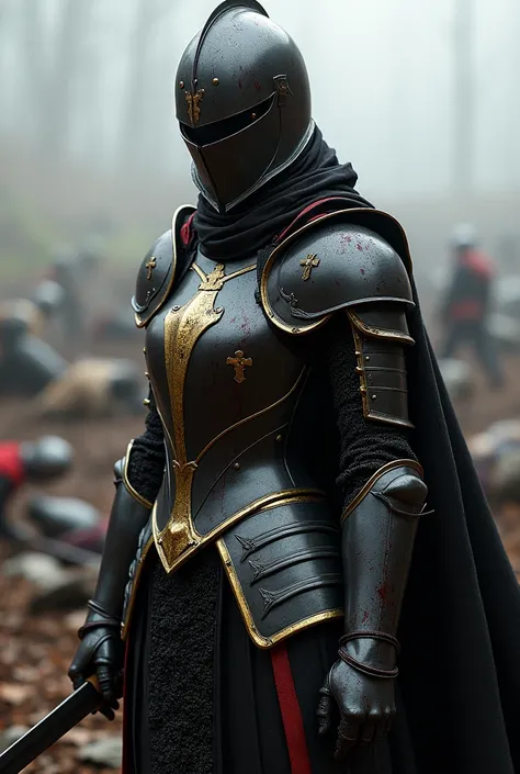 A female knight with a helmet on black colored armor and a gold trim heavily stained with blood, bodies under her feet