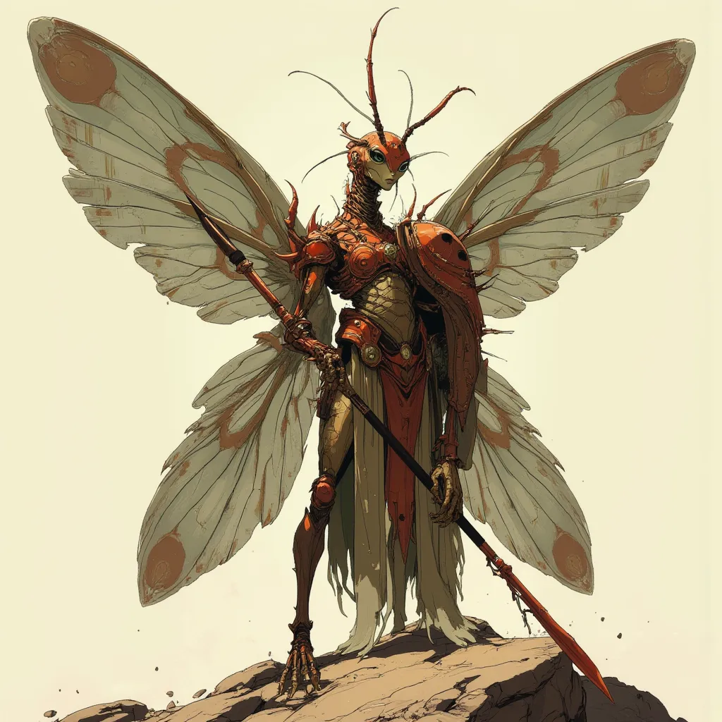 Draw a humanoite insectoid, This insect has 2 detailed gray wings and a carapace that resembles red armor, This insectoid holds a spear and it's on a planet Alieligena.