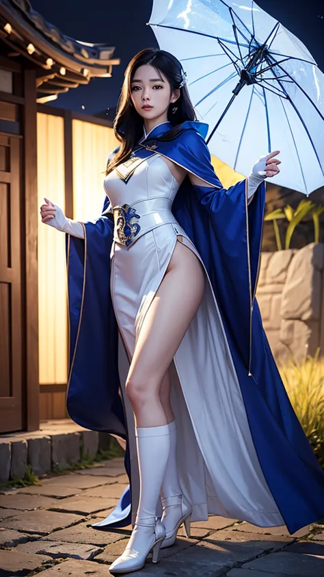 climbing a temple wall South korea women mystery hooded on with modern royal Blue coat with long and wide sleeves with buttons and royal Blue cape and very high white heel over the knee and white gloves, As she reveals a small secret hidden blade coming fr...