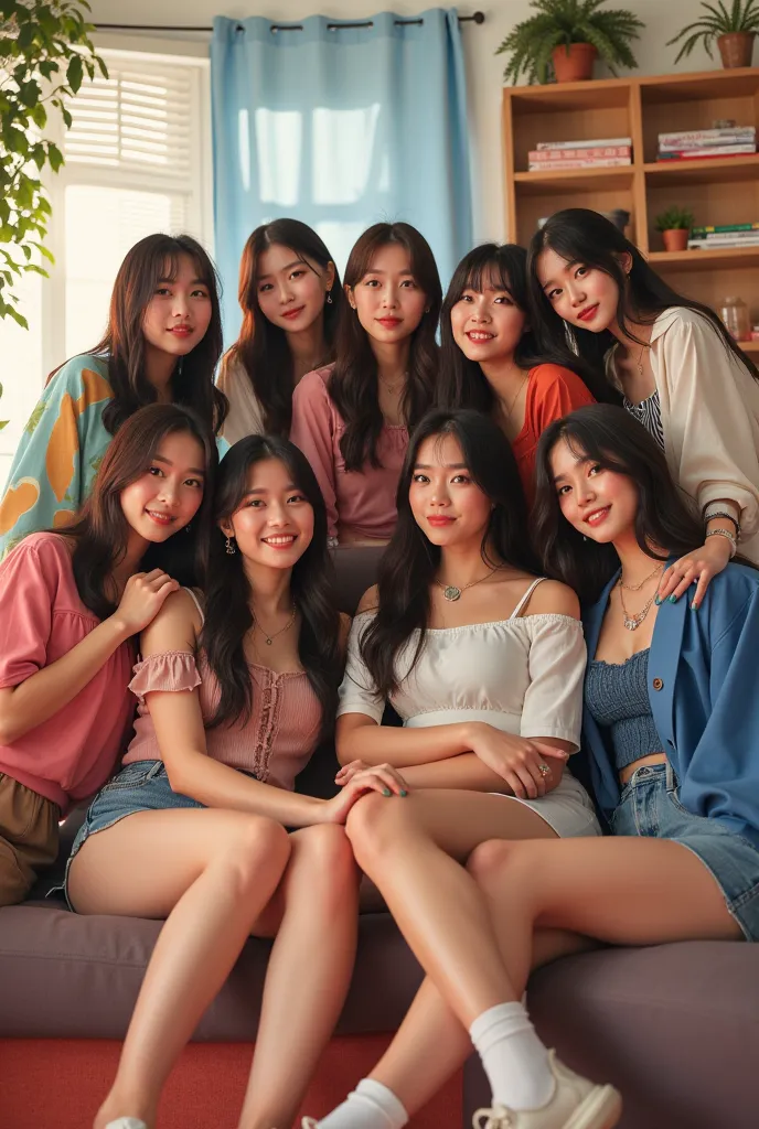 Can you do a kpop girl group of 10 girls sitting in their dorm? Ten girls please 