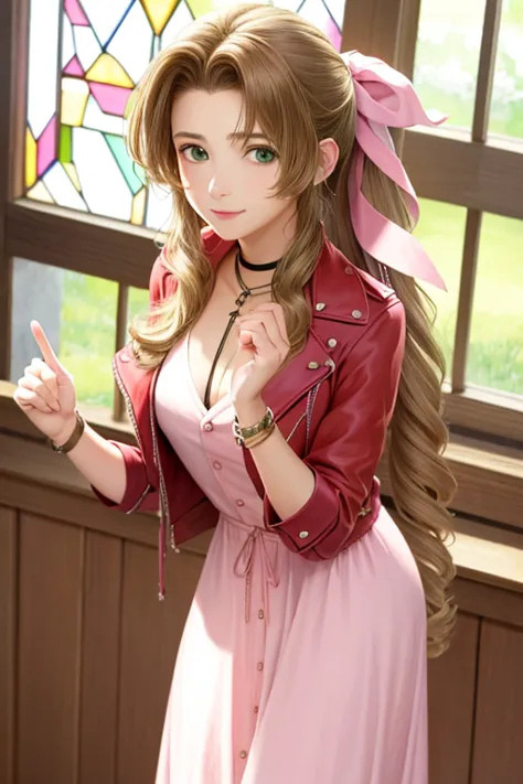 masterpiece, best quality, aerith gainsborough, choker, cropped jacket, hair bow, bracelet, pink dress, looking at viewer, leaning forward, smile, closed mouth, indoors, stained glass window