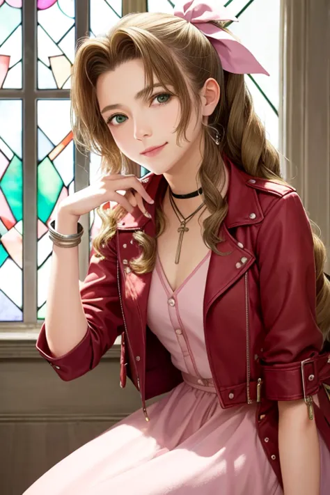 masterpiece, best quality, aerith gainsborough, choker, cropped jacket, hair bow, bracelet, pink dress, looking at viewer, leaning forward, smile, closed mouth, indoors, stained glass window