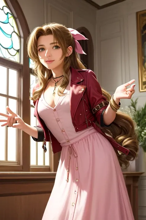 masterpiece, best quality, aerith gainsborough, choker, cropped jacket, hair bow, bracelet, pink dress, looking at viewer, leaning forward, smile, closed mouth, indoors, stained glass window