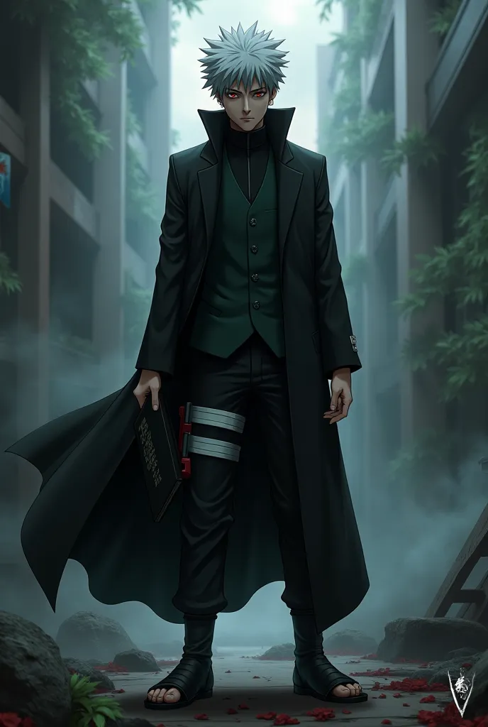 Hatake kakashi wears black suit and holding the death note from the death note anime series with one hand 