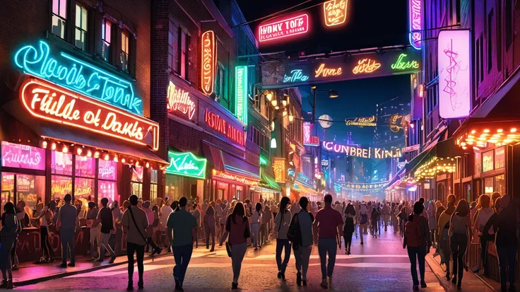 A vibrant and bustling nightlife scene in an urban entertainment district, filled with neon signs and colorful lights. The street is lined with lively bars, honky-tonks, and music venues, featuring signs with musical themes such as guitars, fiddles, and br...