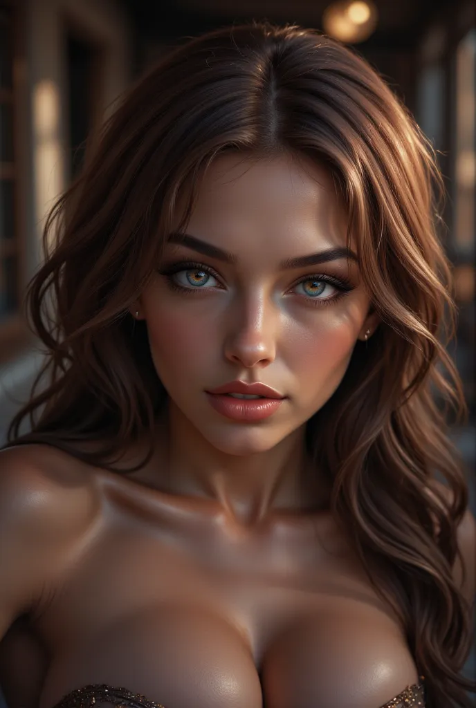 (Masterpeace,  high quality, High resolution,  realistic photo,  photography),  beautiful girl, age from 23 to 28 years,  Full face photo ,  with light eyes ,  with long wavy hair on her shoulders,  beautiful breasts,  beautiful and detailed face ,  cute s...