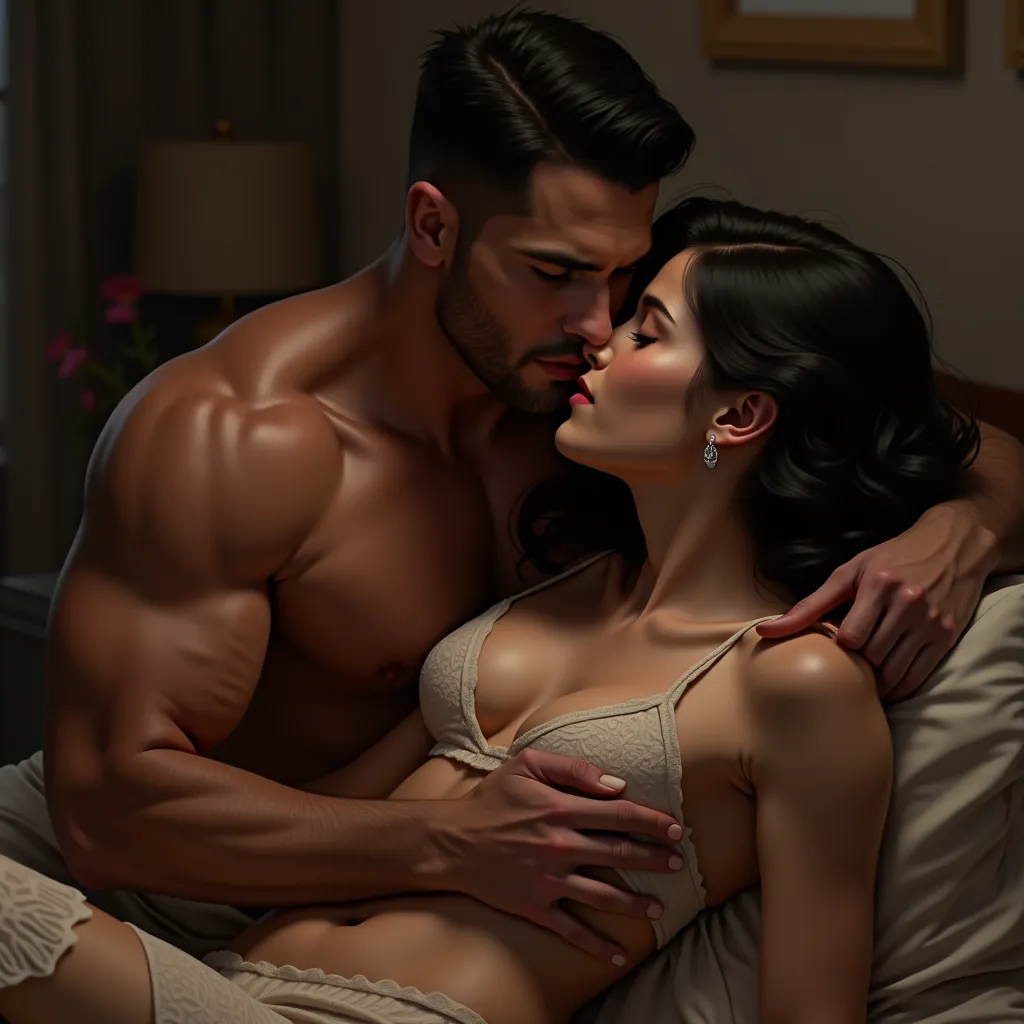 selfie, Handsome and muscular man kisses his wife's sister on the cheek (lying down)