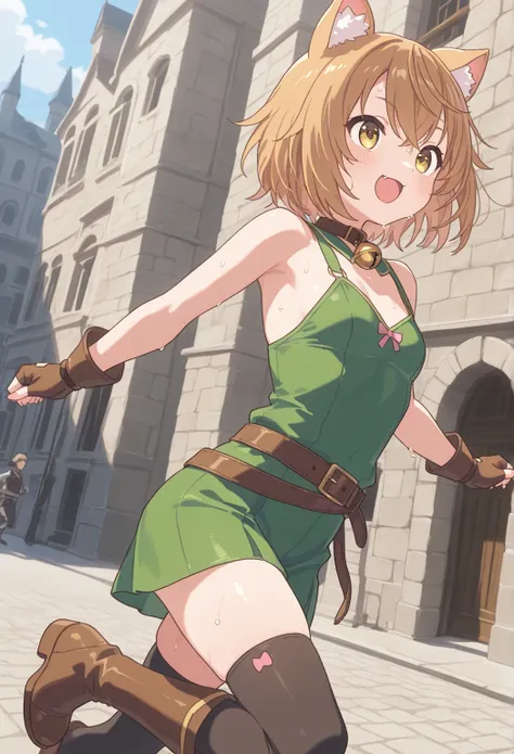 very awa, masterpiece, best quality, newest, highres, aburdres、Fantasy World、nap　nekoma、nap　nekoma　virtual youtuber、cat girl  、 short hair、burgundy hair、 Open、Cute single tusk、  very small breasts 、collar and bell   、 green costume、 brown leather belt 、 br...