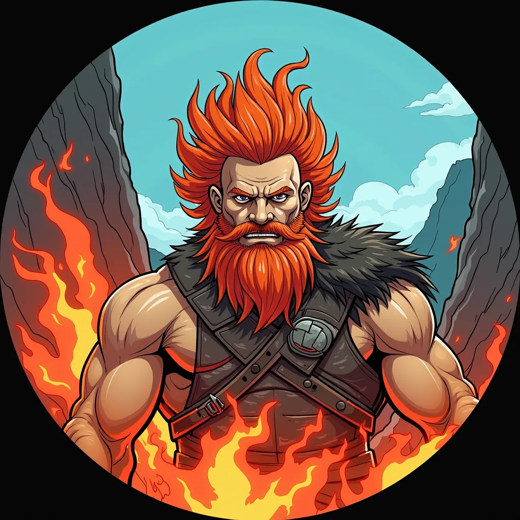 A muscular, bald man with a large, fiery red beard is the central figure.  He is of light skin tone and appears to be middle-aged.  He has intense, piercing eyes and a determined expression.  He is wearing a dark, textured garment, possibly leather or fur,...