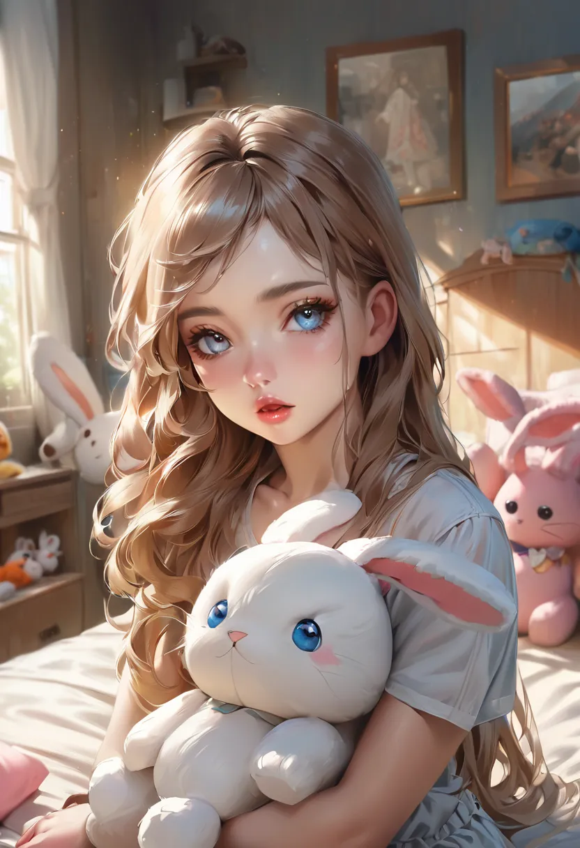 1girl, solo, brown_hair, looking_at_viewer, blue_eyes, stuffed_toy, bedroom, blurry, stuffed_animal, long_hair, bed, realistic, hair_bow, blurry_background, parted_lips, stuffed_rabbit, window, bow