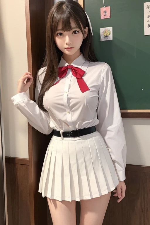 Japanese、high school girl、ＪＫ、（clothing）、、nsfw、（Big Breasts）、、white skin、cute、thin waist、Beautiful Legs、 Read more、slender、uniform、blouse、ribbon、（miniskirt）、pleated skirt、full body、