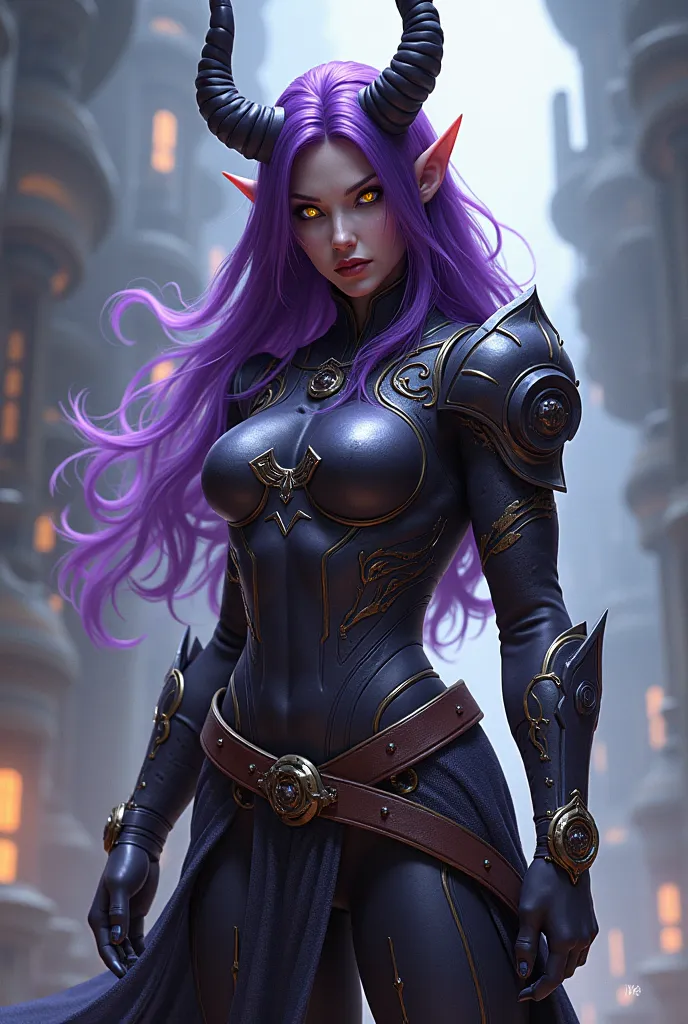 1girl, purple hair, tiefling, yellow eyes, Destiny 2 titan, futuristic, fantasy