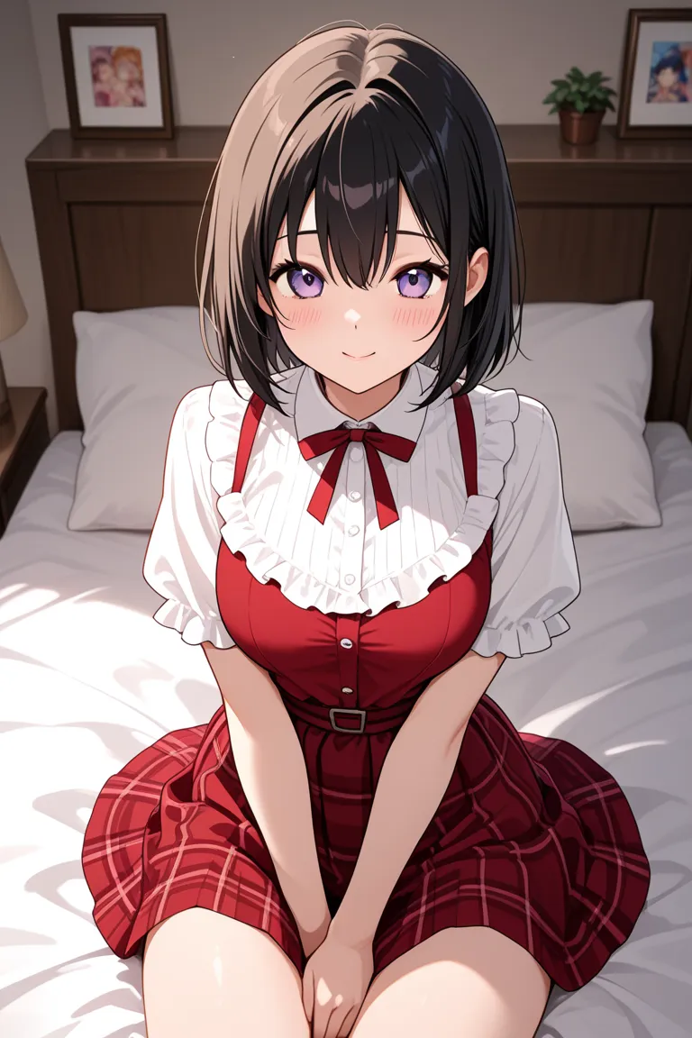 anime girl in a skirt on the bed sitting with her hands in the middle