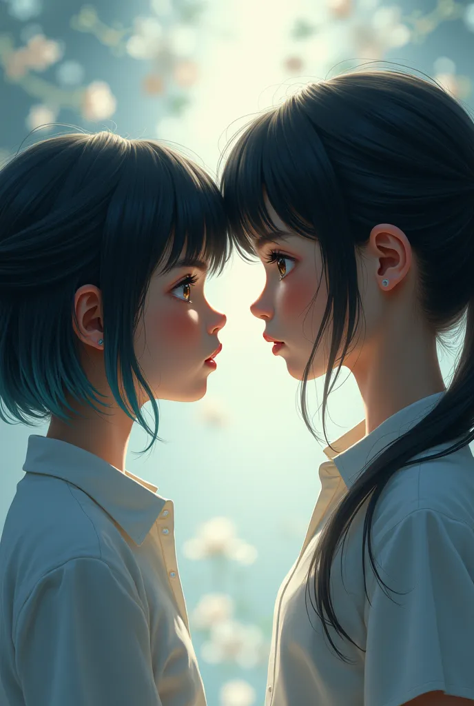 Make an image of two girls in profile who are facing each other, where the girl on the left is shorter and her hair is black with bluish tips 3