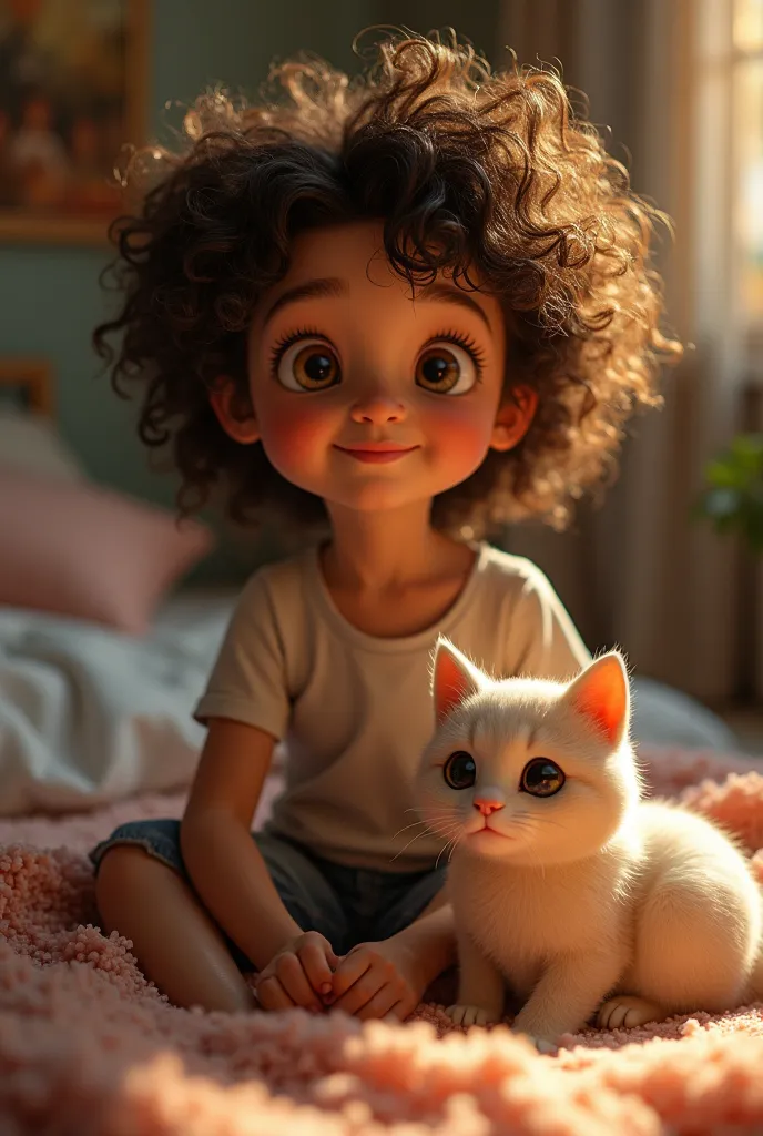 A  with curly hair with big round eyes sitting in the bedroom with a fake cat