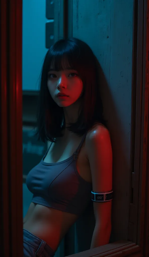 a beautiful 25-year-old Korean girl, Prisoner, inside the house. She wears a technological ankle bracelet, futuristic retro.  The scene takes place at night ,  with a dark color palette , Deep shades of blue,  black and gray, with warm touches of red and o...