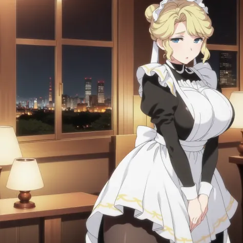 ( night :1.7), Japan,  Tokyo , CityView, In front of the window,
 watch out,
彼女の肩に白と黄colorのドレス,
(black_pantyhose), Maid_apron, Maid_Head ornament, Maid_length_skirt,  gloves, 
blonde hair, short hair, hair bun, 
1 girl, 24 years old,mature woman,beautiful ...