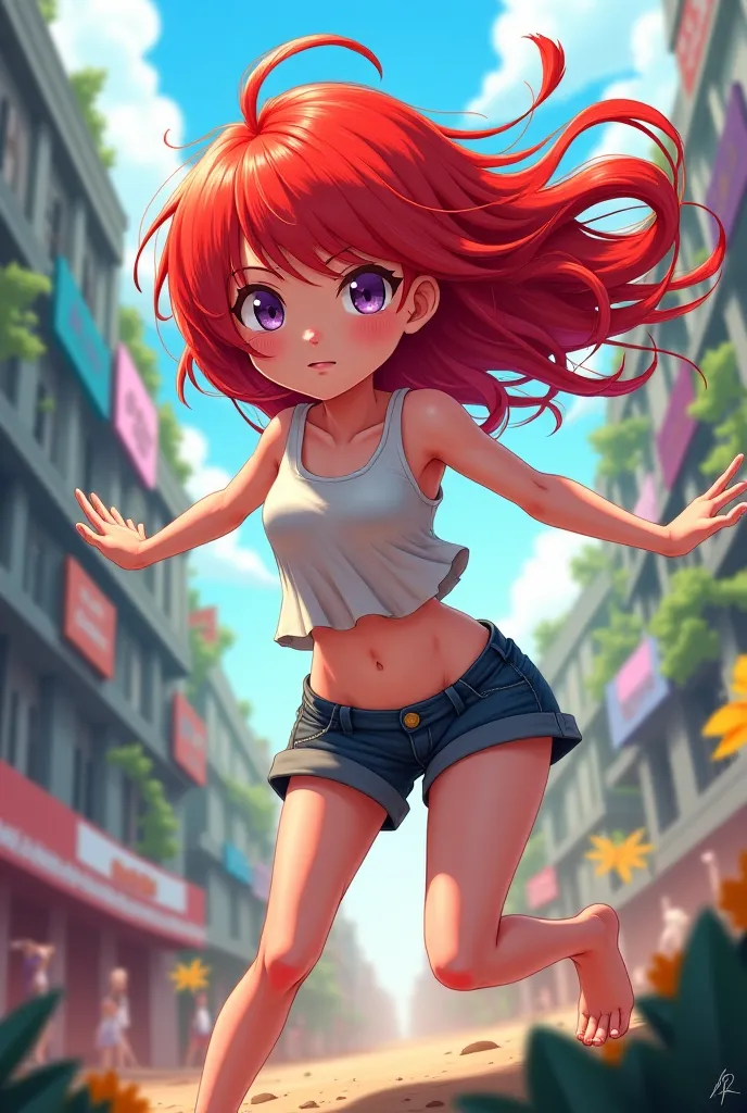 anime girl with red hair who lost her chest while jumping   