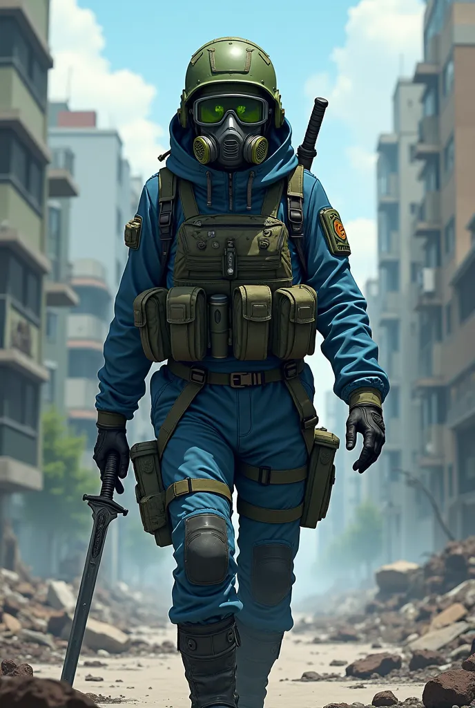 An apocalypse survivor in a city with tactical equipment, blue diver, green mitch ballistic helmet, green military glasses, black pants, a sword in the hand and gas mask anime style