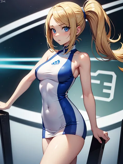 Serena ,from Pokemon, with blue eyes, blonde hair,  her breast is in medium size, she wears a exercise dress .  ,and her expression is attractive ,she stand, she looking at front and making a sexy pose and not blury face .