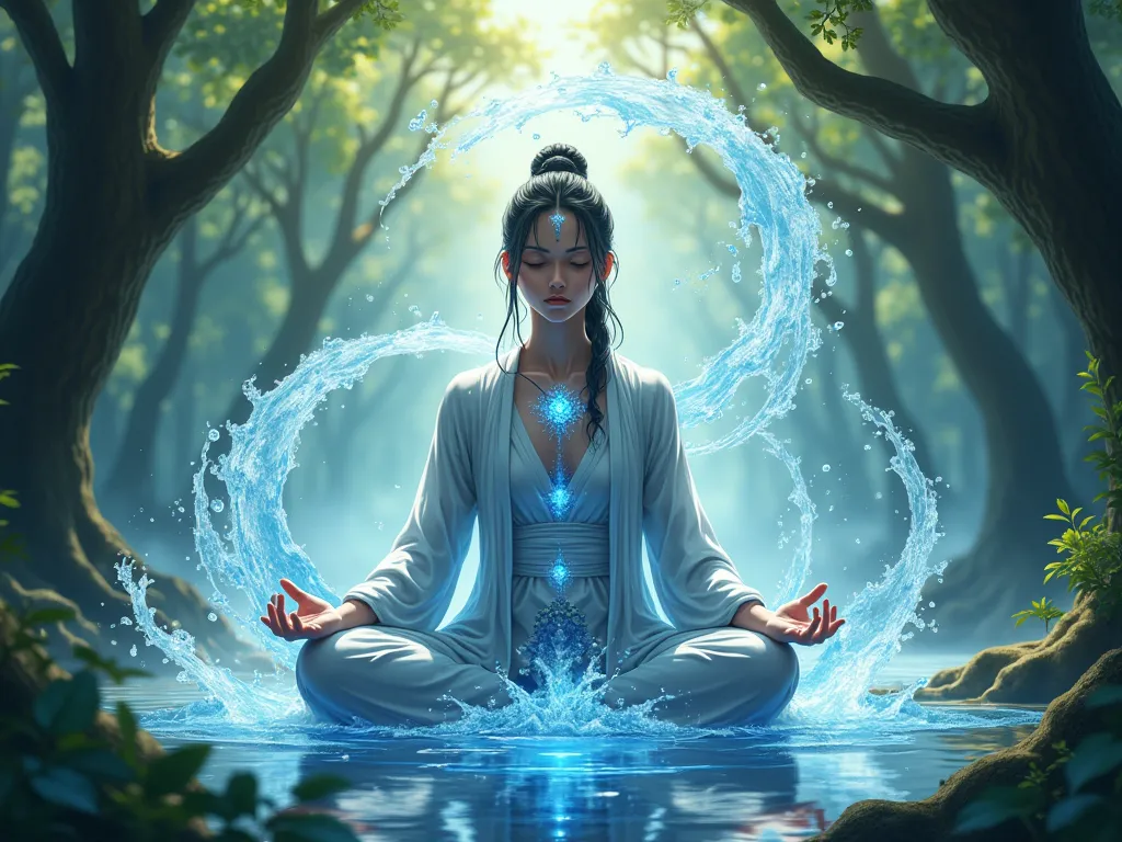 Life force within a person chakra element water power meditating
 realistic medieval anime style 