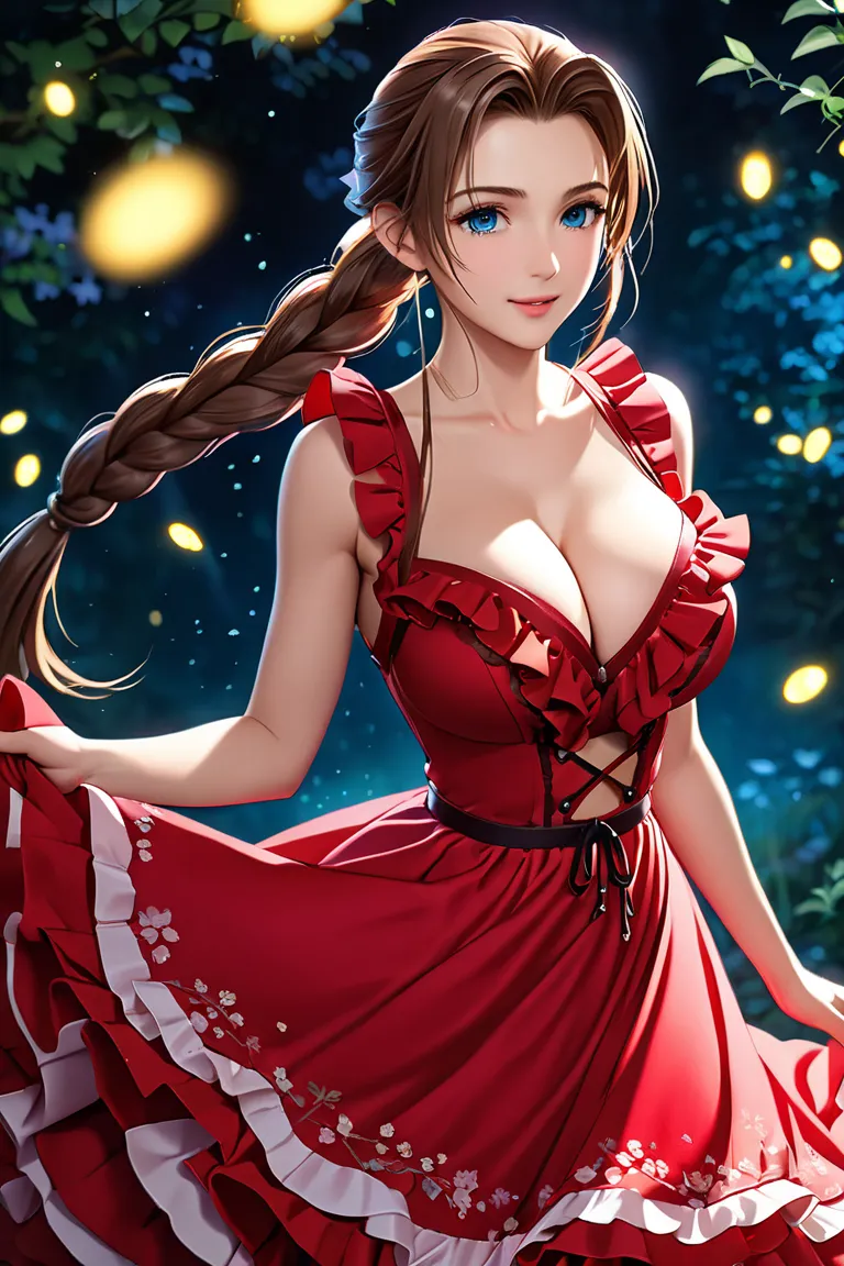 (((masterpiece))),((Highest quality)),Beautiful girl, Aerith, Sexy witch, bangs、(Long Hair, Braided ponytail:1.5)、(((healthy shaped body, huge firm bouncing bust, Deep cleavage)))、23 years old、Translucent white skin, Clear blue eyes, Sparkling sweat, (Gorg...