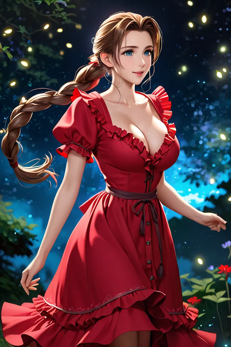 (((masterpiece))),((Highest quality)),Beautiful girl, Aerith, Sexy witch, bangs、(Long Hair, Braided ponytail:1.5)、(((healthy shaped body, huge firm bouncing bust, Deep cleavage)))、23 years old、Translucent white skin, Clear blue eyes, Sparkling sweat, (Gorg...