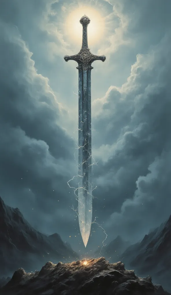 A finely crafted silver-bladed sword, with carved runes that emit a soft glow. It hangs in a twilight fog over a battlefield, with particles of light scattered around and a sky filled with dense clouds.