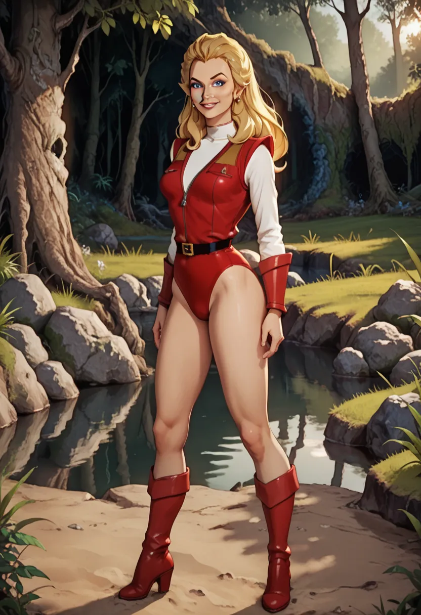 adora, blonde hair, blue eyes, red leotard jacket, white sleeves, red bracers, black belt, red boots, BREAK full body, sexy pose, smiling at viewer by a deserted lake n a forest, masterpiece, dramatic lighting, highly detailed, depth of field