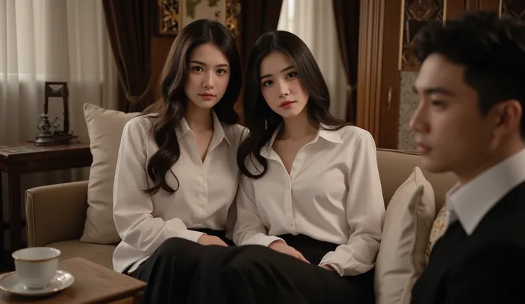 2 Beautiful Iranian women , wearing a blouse and pants, 1 Indonesian man sitting on sofa in luxury home, teacup on table, side view, looking towards camera