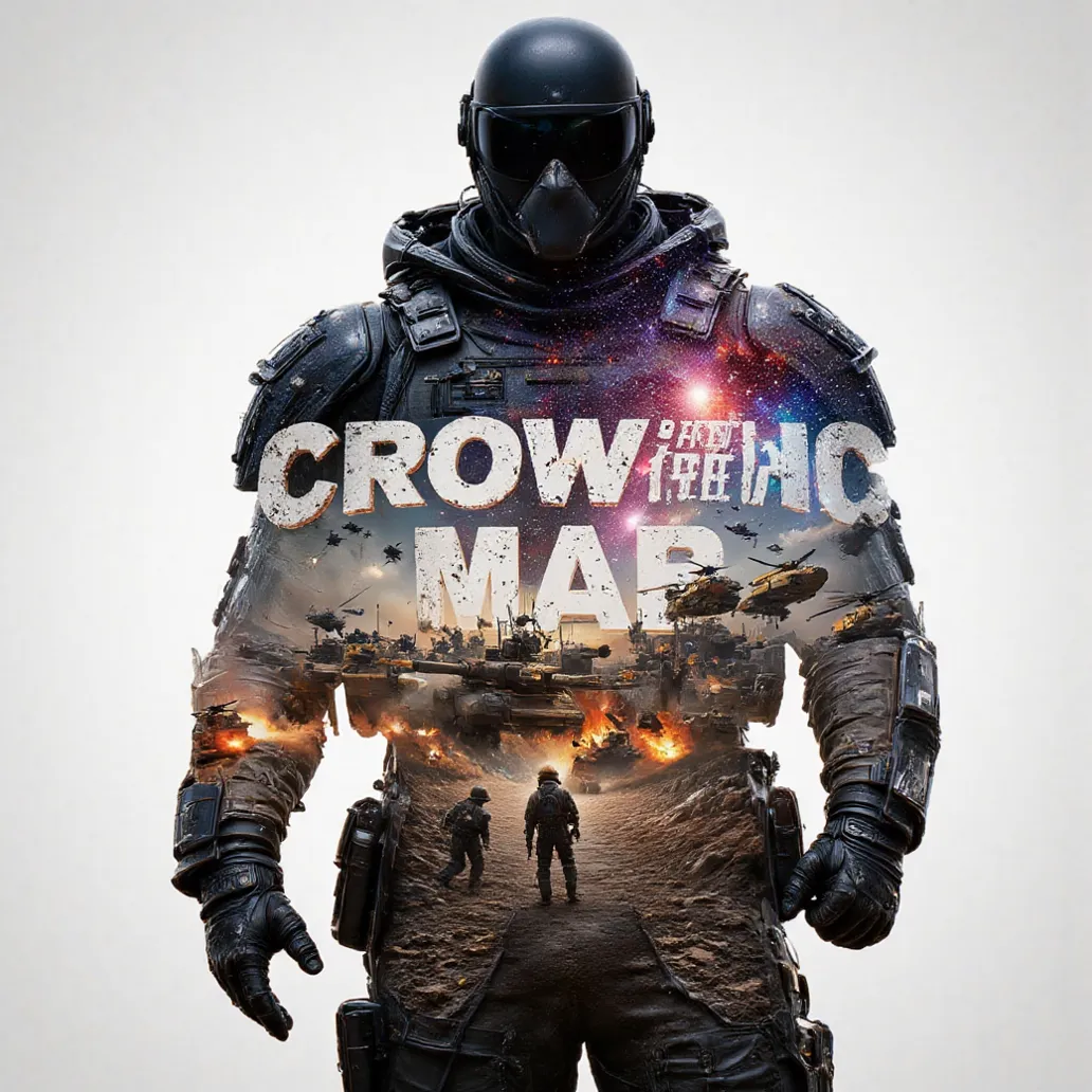 Double exposure style
Prospect: Muscular anthropomorphic Crow soldier, donned in black modern combat armor. 
Silhouette: 2 names "Crowmetheus" and "MAB" overlayed, battle with soldiers in formation, tanks and helicopters. Cosmic space in the background tha...