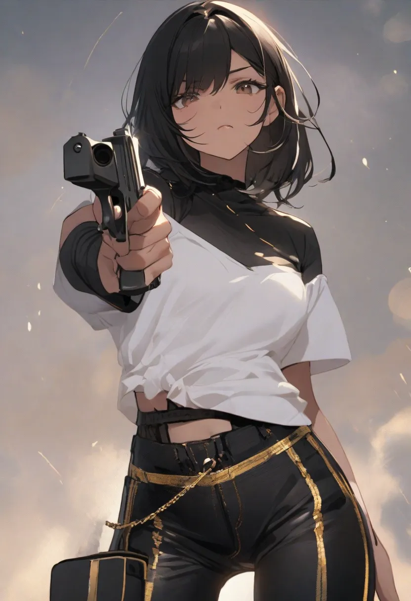  a black-haired woman, a beautiful young woman in black cropped and black and gold denim shorts, holding a gun 