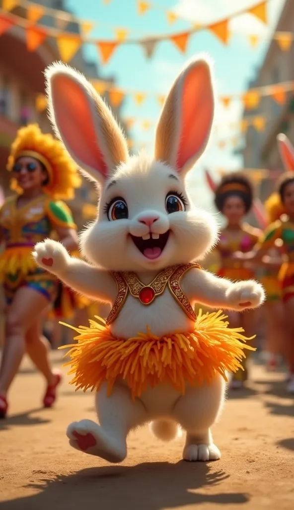 A super cute rabbit joyfully samba dancing in a lively carnival setting. The rabbit has big, fluffy ears that bounce with the rhythm, a cheerful smile, and wears a bright samba costume decorated with feathers and sequins. It moves its tiny paws and jumps e...