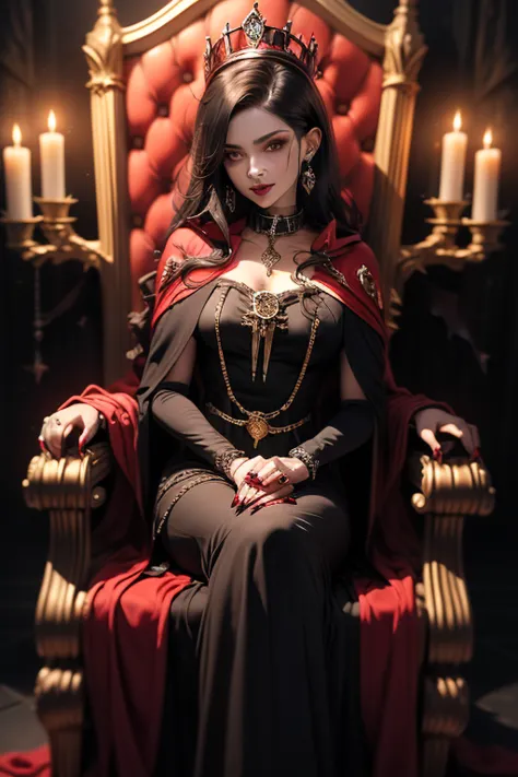 drusilla, the Crimson Vampire Queen 
- Appearance: Black hair with blood red reflections, crystal fangs. Long gold and ruby nails.  
- Outfit: Dressed in red velvet with a cape of live bats. Crown of thorns and black roses.  
 - Details : Throne made of...