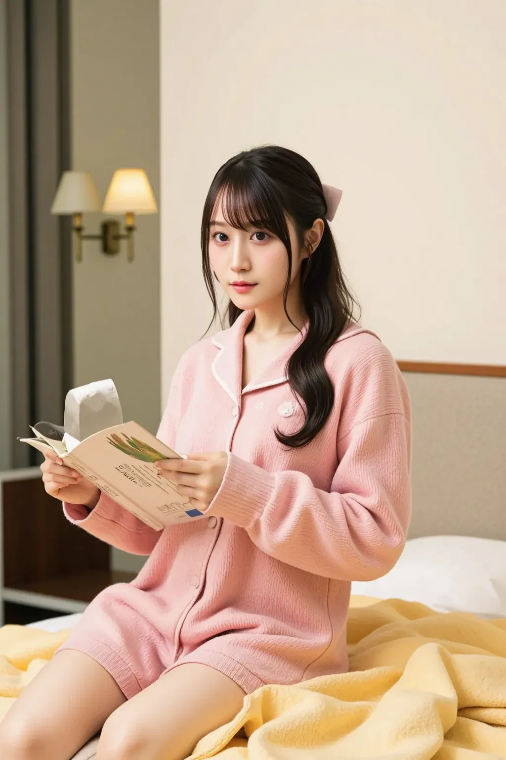 「The woman in cute pink fluffy pajamas is in the bedroom、reading a book while sitting on the bed。The woman has a relaxed expression、There is a bedroom with a warm atmosphere all around。Soft lighting creates a comfortable space、The bed is filled with fluffy...