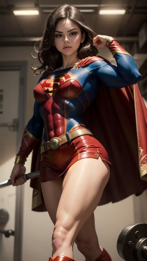 Selena Gomez, massive muscles, huge biceps, red cape, powerful legs, supergirl suit and cape