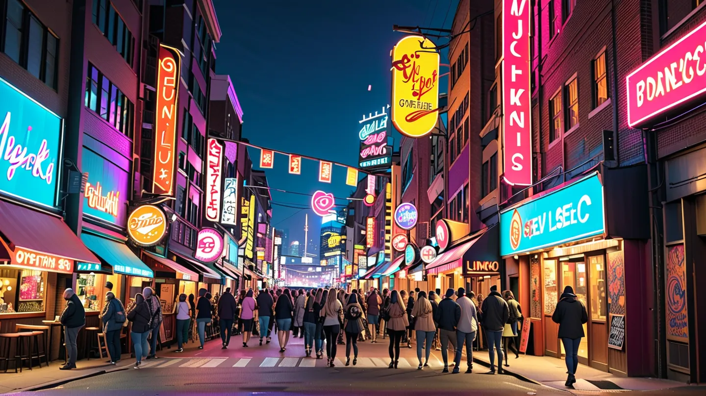 A vibrant and bustling nightlife scene in an urban entertainment district, filled with neon signs and colorful lights. The street is lined with lively bars, honky-tonks, and music venues, featuring signs with musical themes such as guitars, fiddles, and br...