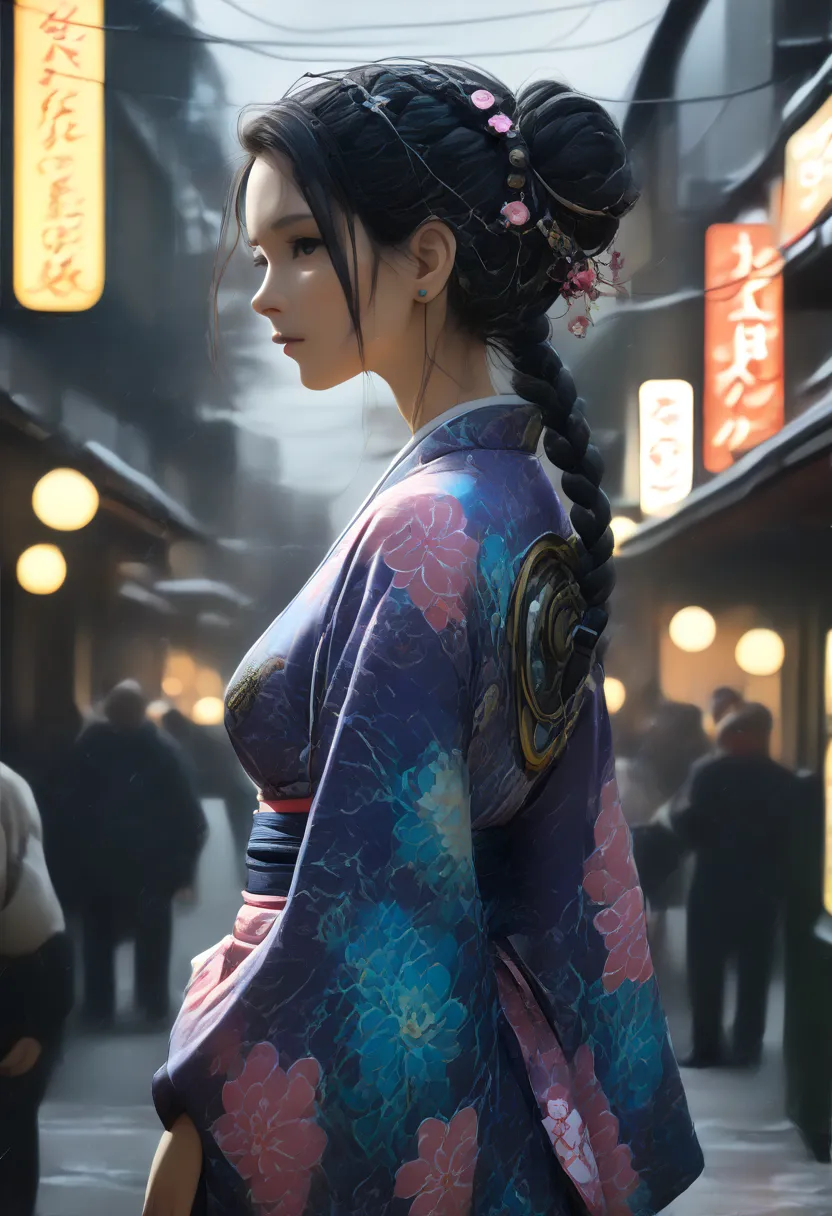 YFG-Fwshn, (in the style of cksc:2) anime dreadmirthart, sharp photo of a digital art piece that captures a futuristic woman standing in a narrow street at night. The woman is wearing a long, flowing kimono with a floral pattern in shades of pink, purple, ...