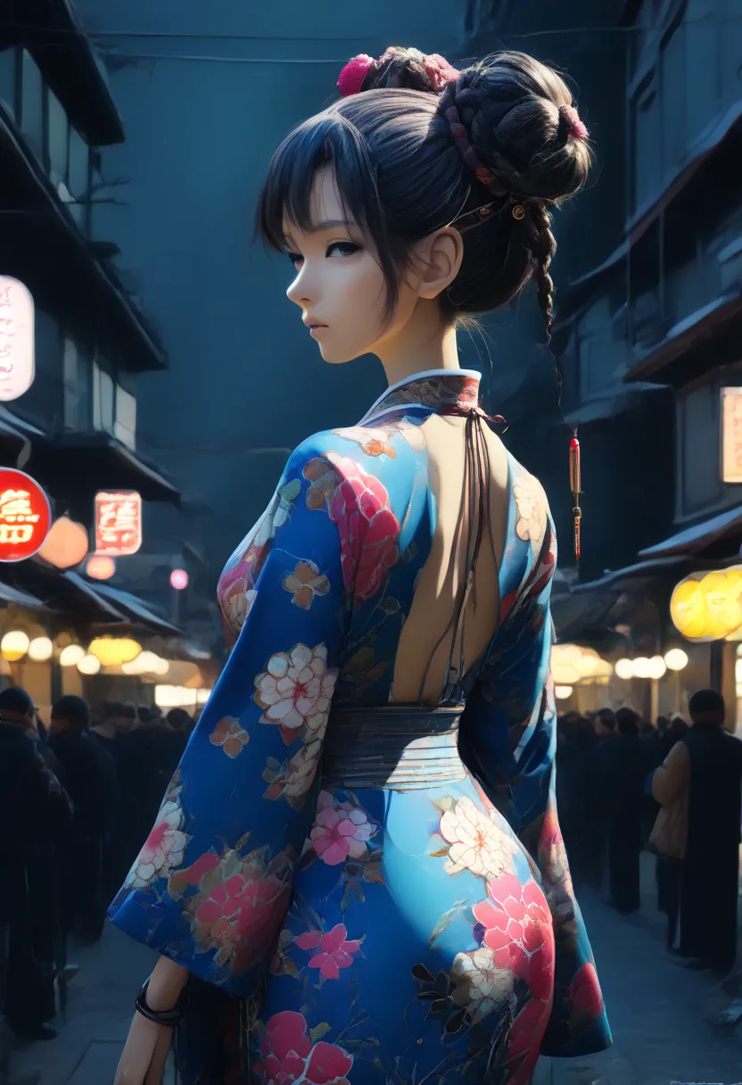 YFG-Fwshn, (in the style of cksc:2) anime dreadmirthart, sharp photo of a digital art piece that captures a futuristic woman standing in a narrow street at night. The woman is wearing a long, flowing kimono with a floral pattern in shades of pink, purple, ...