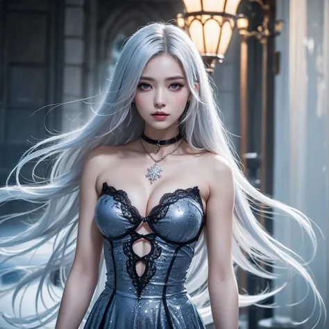 A stunning modern interpretation of a Yuki-onna as the perfect girlfriend, blending gothic elegance with soft femininity. She has long, flowing, icy-blue or silvery-white hair that cascades like a frozen waterfall, framing her delicate yet mesmerizing face...