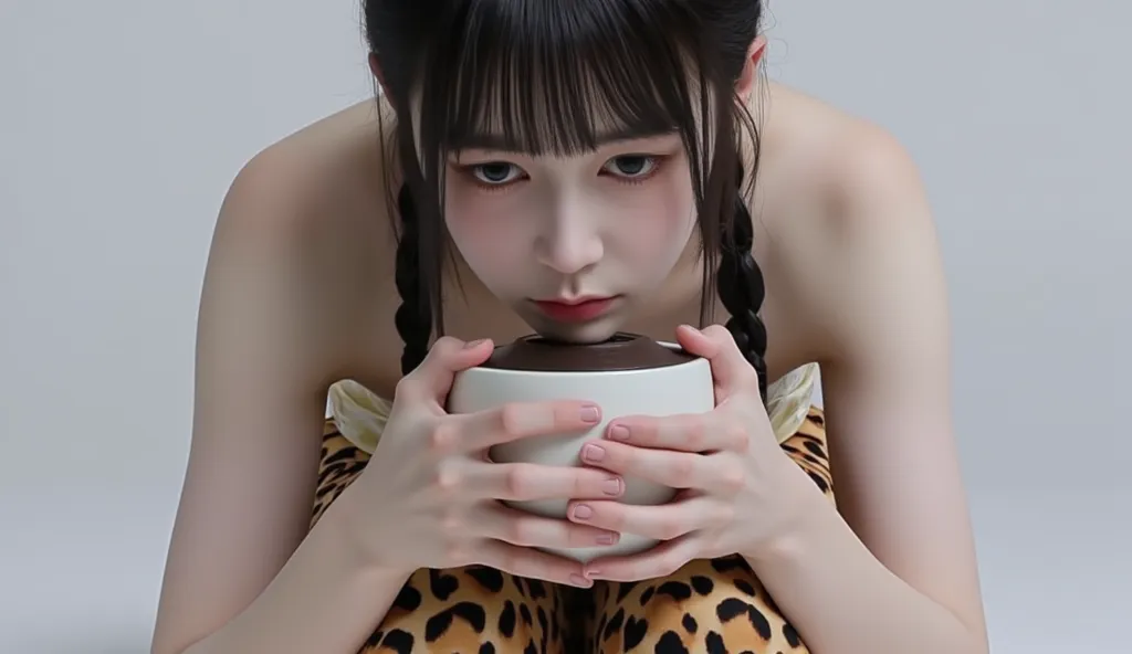 
A Japanese woman in leopard print pants clutches a tokkuri pot with a sad look on her face.