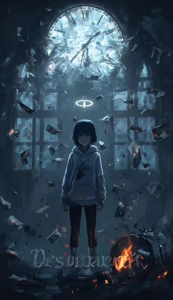 The image depicts a dark and melancholic scene with a 2.5D anime aesthetic,At the center, a 20-year-old emo girl wearing a white hoodie and emo-style pants has a sorrowful expression, with a glowing halo above her head. Behind her, a large broken clock, sp...