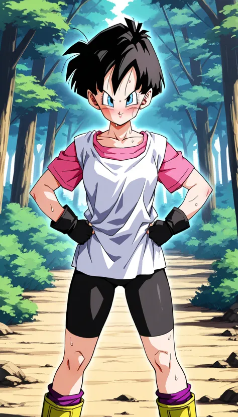 score_9, score_8_up, score_7_up,DragonBall style,Anime Coloring,Masterpiece,high quality,high image quality,pretty finger,detailed face,BREAK,nsfw,1girl,solo,v1del, black hair, short hair, blue eyes,white shirt, pink shirt, short sleeves, black gloves, fin...
