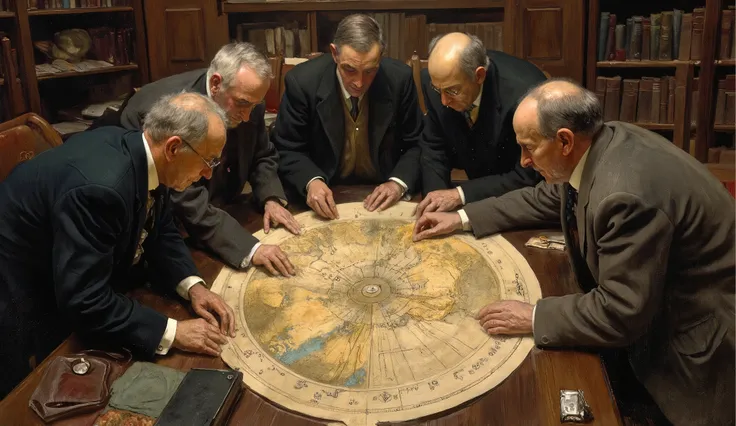old group of man looking at a circular map in a desk