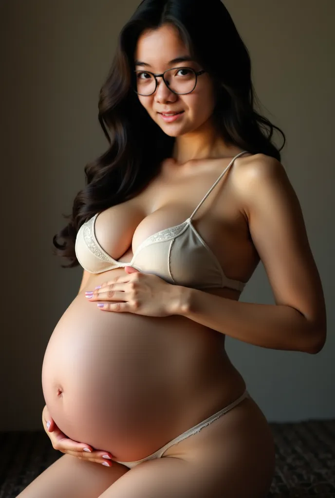 A sexy pregnant asian woman with very large breasts. Using the face from the uploaded photo.